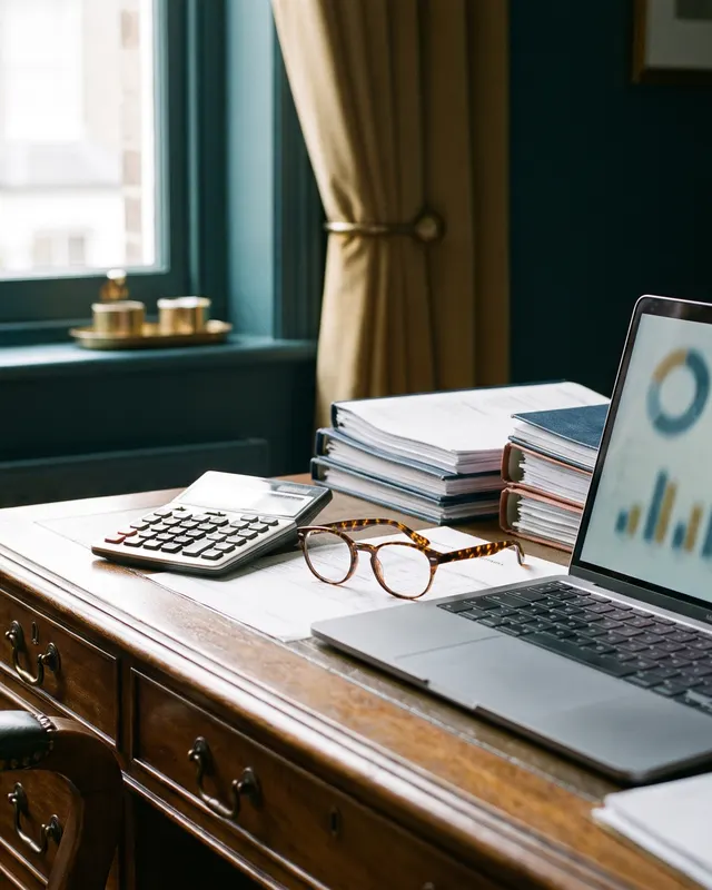 A calculator, reports and a laptop with charts