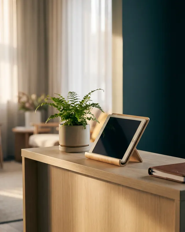 A calm clinic reception desk with a check-in tablet