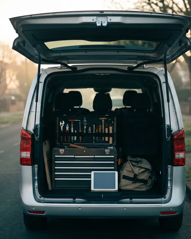 An organized toolbox in the back of a work van